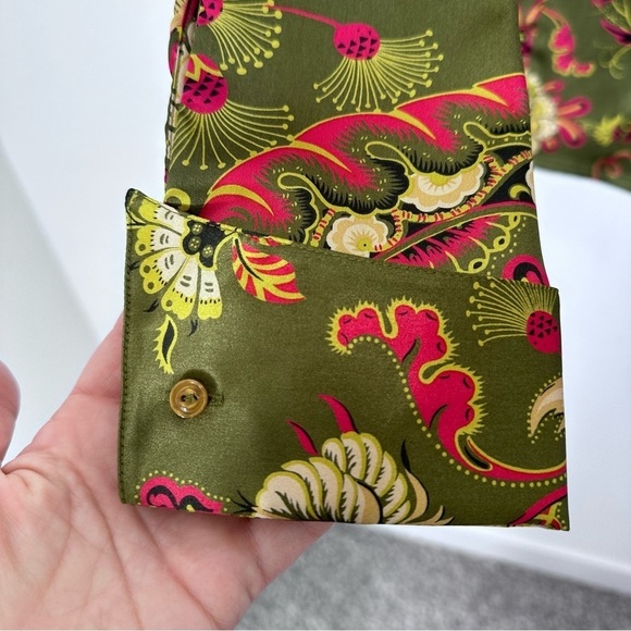 Classique Entier Dark Green Pink Paisley Long Sleeve Button Down Blouse Size 8 - Picture 4 of 8